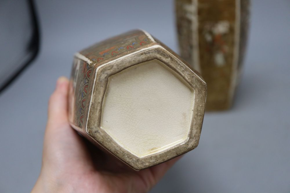 A pair of Japanese Satsuma hexagonal vases, height 24cm